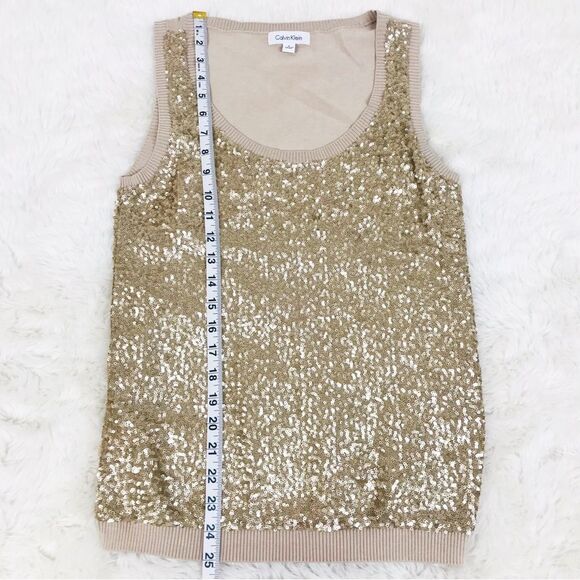 CALVIN KLEIN Gold Sequin Tank Top Sleeveless Blouse Silk Blend Metallic‎ Small - Picture 9 of 9